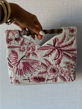 Embellished Beaded Floral Top-Handle Bag in White and Pink
